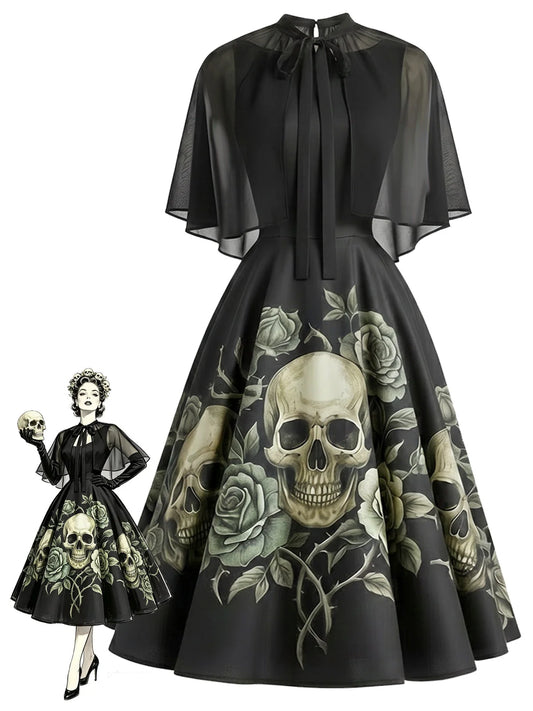 1950s Vintage Gothic Black Dress with Pink Skull Print and Cape