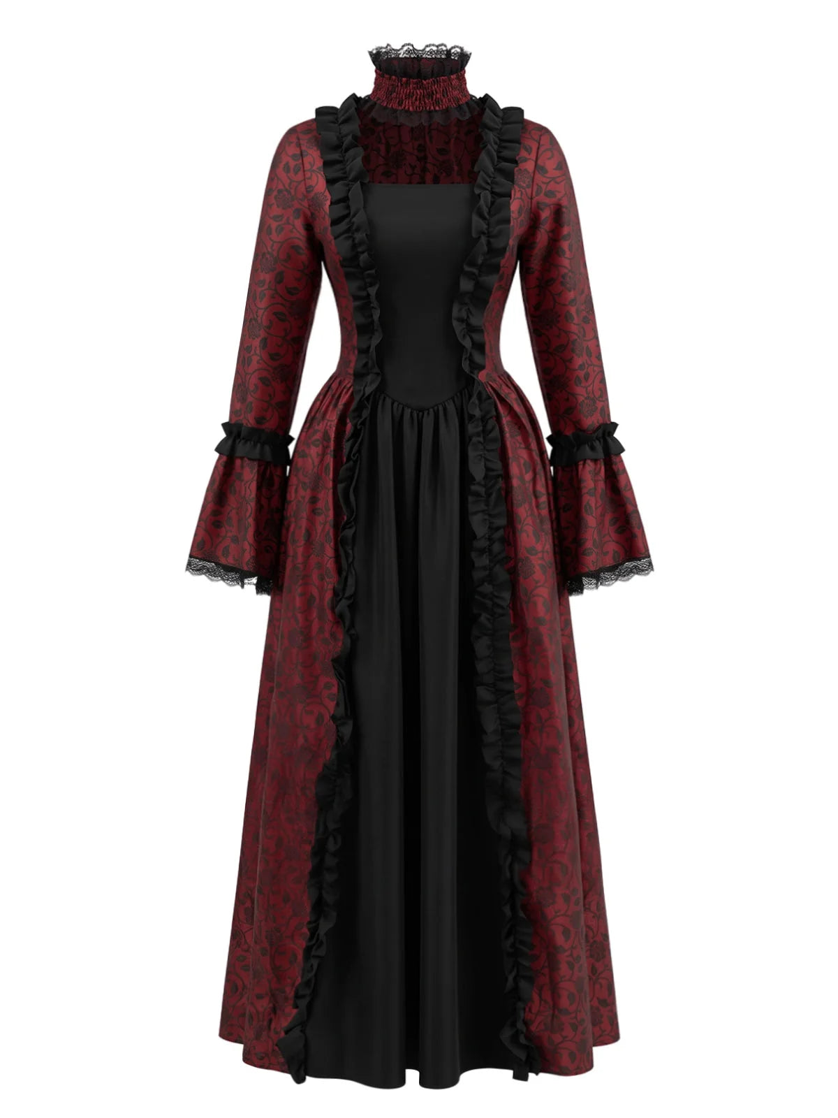 1930s Vintage Victorian Gothic Red Floral Dress with Bell Sleeves