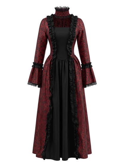 1930s Vintage Victorian Gothic Red Floral Dress with Bell Sleeves