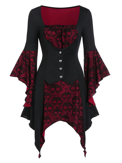 1940s Vintage Black and Burgundy Skull Print Lace Button-Up Dress