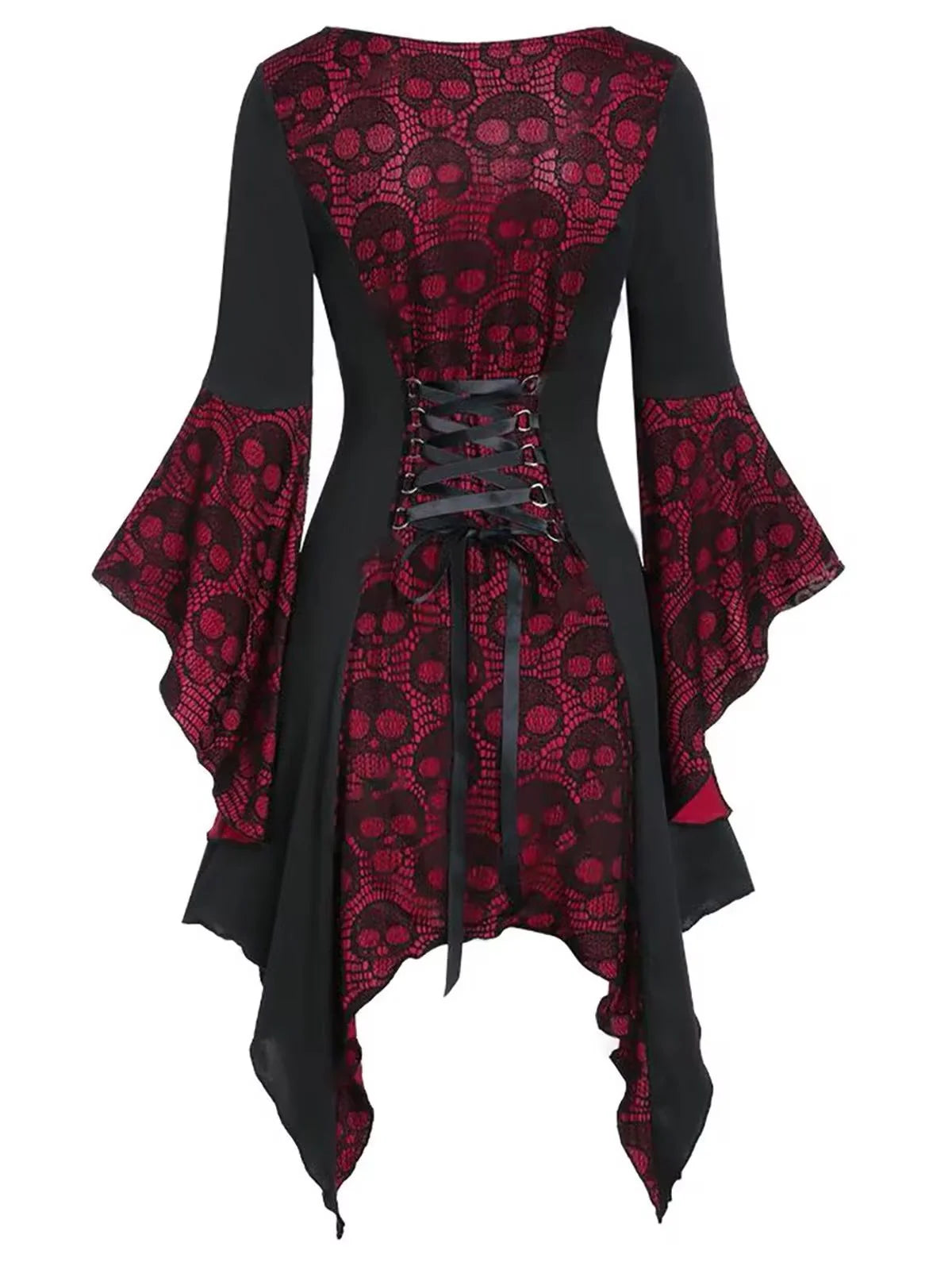 1940s Vintage Black and Burgundy Skull Print Lace Button-Up Dress