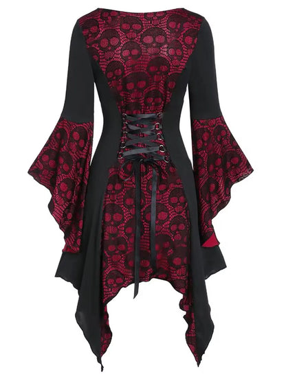 1940s Vintage Black and Burgundy Skull Print Lace Button-Up Dress