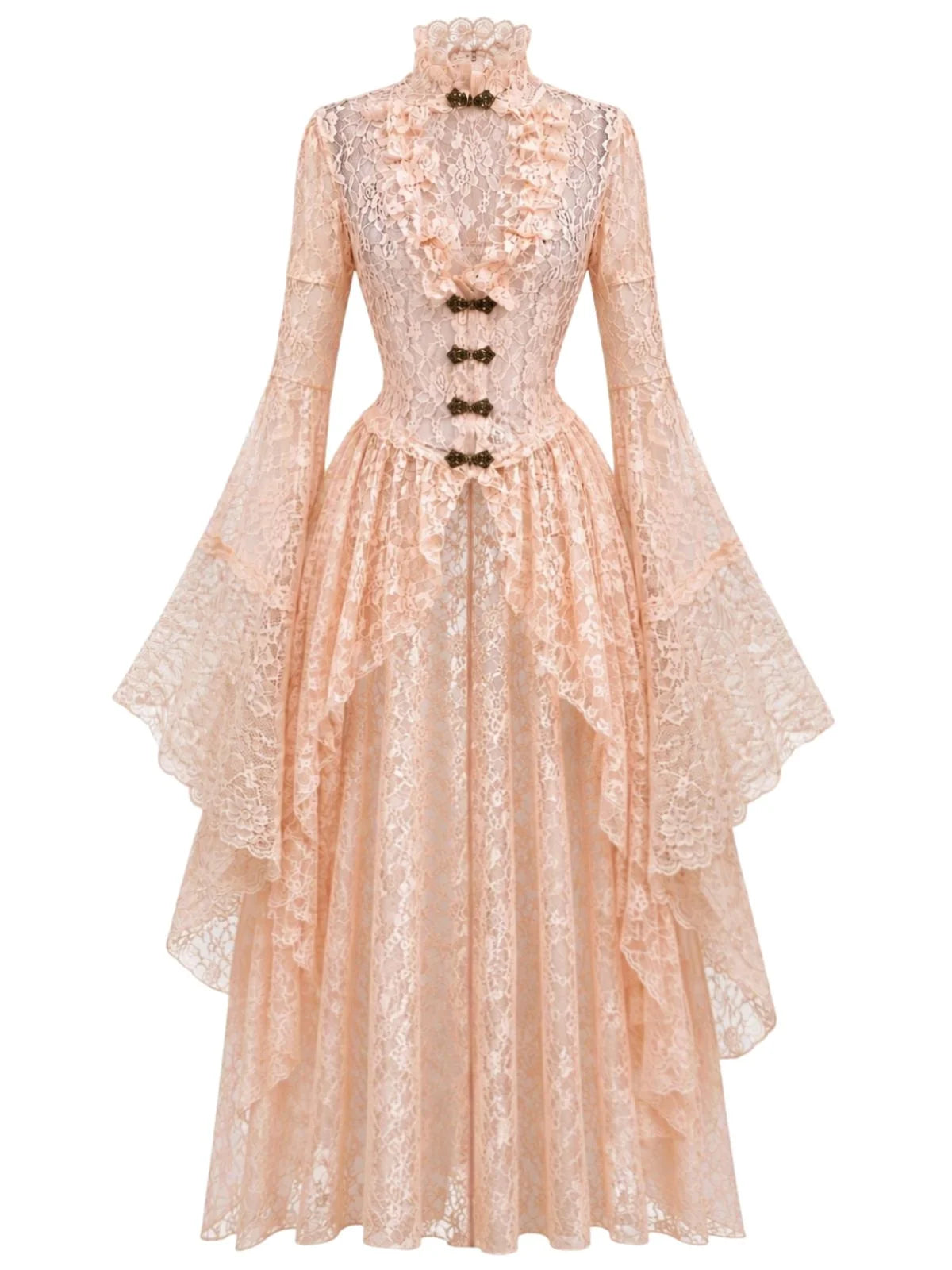 1940s Vintage Medieval High-Neck Lace Dress with Flared Sleeves