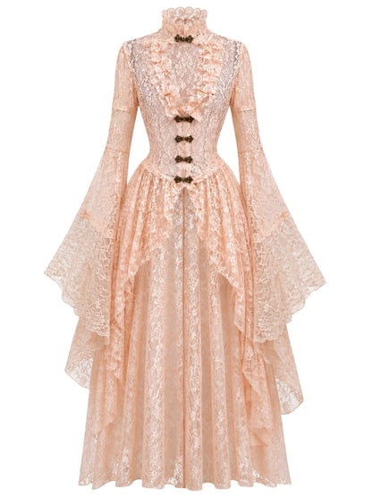 1940s Vintage Medieval High-Neck Lace Dress with Flared Sleeves