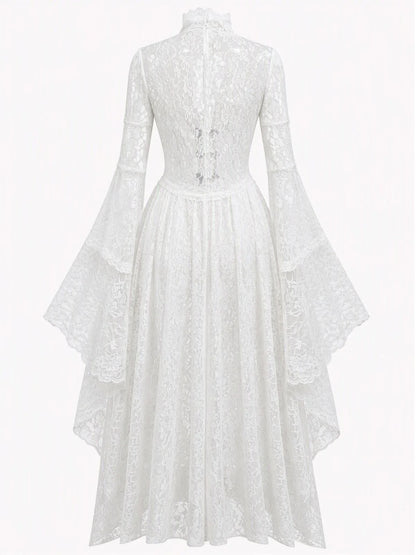 1940s Vintage Medieval High-Neck Lace Dress with Flared Sleeves