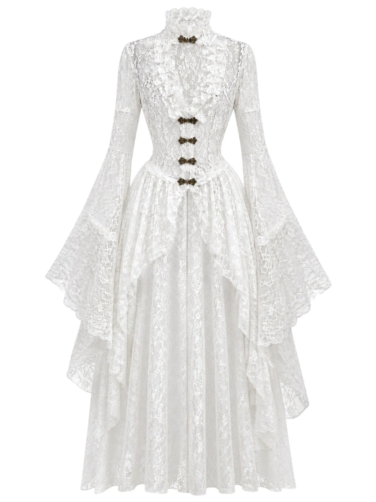 1940s Vintage Medieval High-Neck Lace Dress with Flared Sleeves
