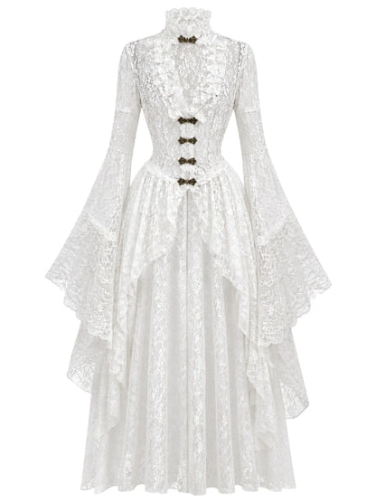 1940s Vintage Medieval High-Neck Lace Dress with Flared Sleeves