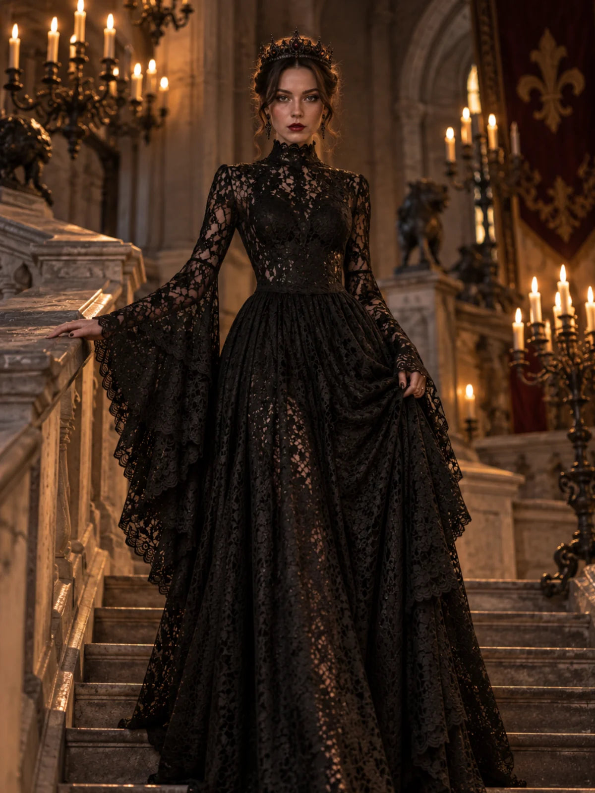 1940s Vintage Medieval High-Neck Lace Dress with Flared Sleeves