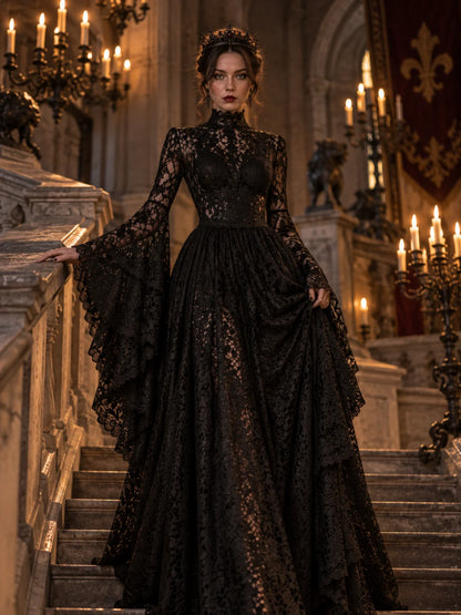 1940s Vintage Medieval High-Neck Lace Dress with Flared Sleeves