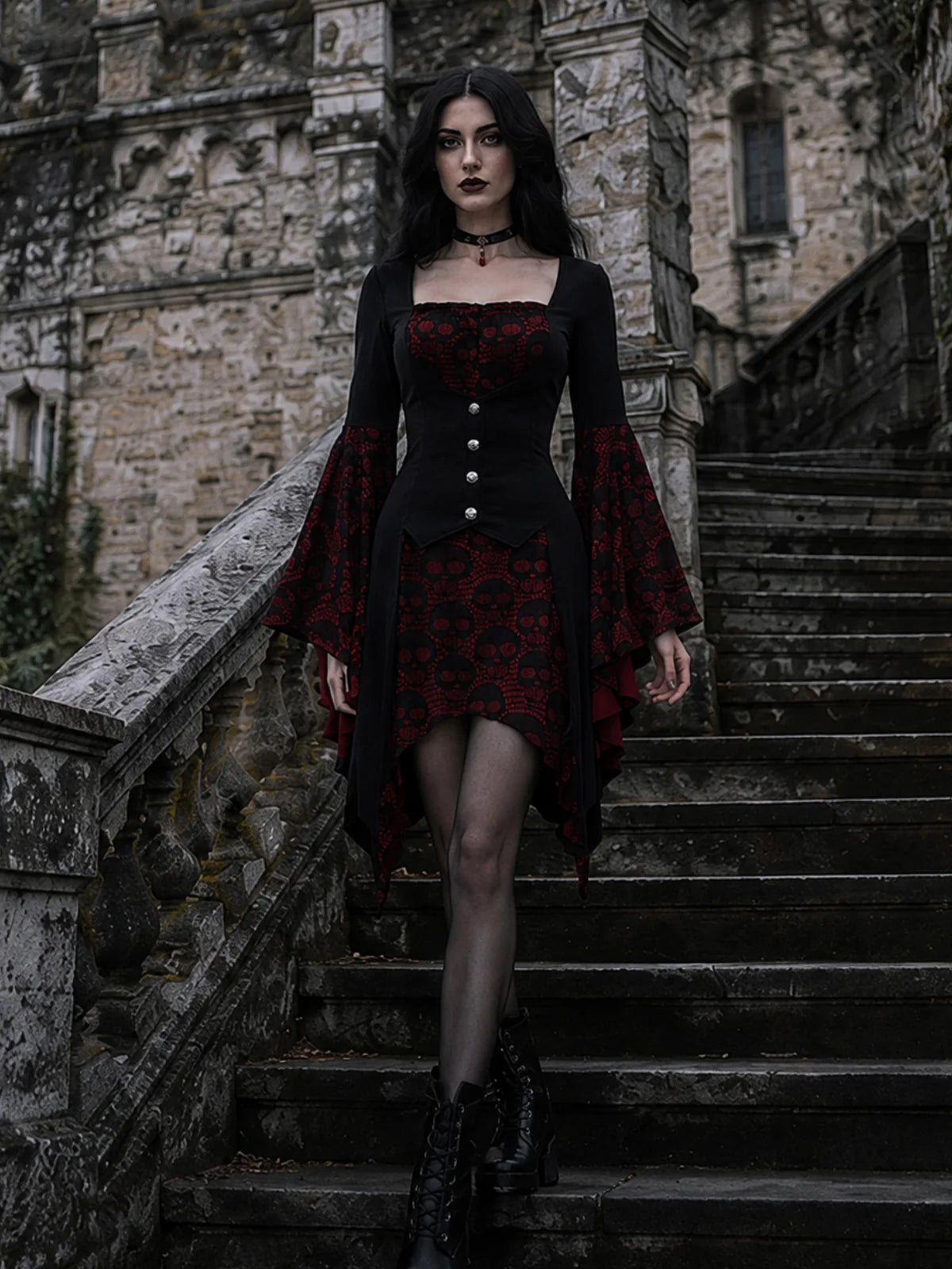 1940s Vintage Black and Burgundy Skull Print Lace Button-Up Dress