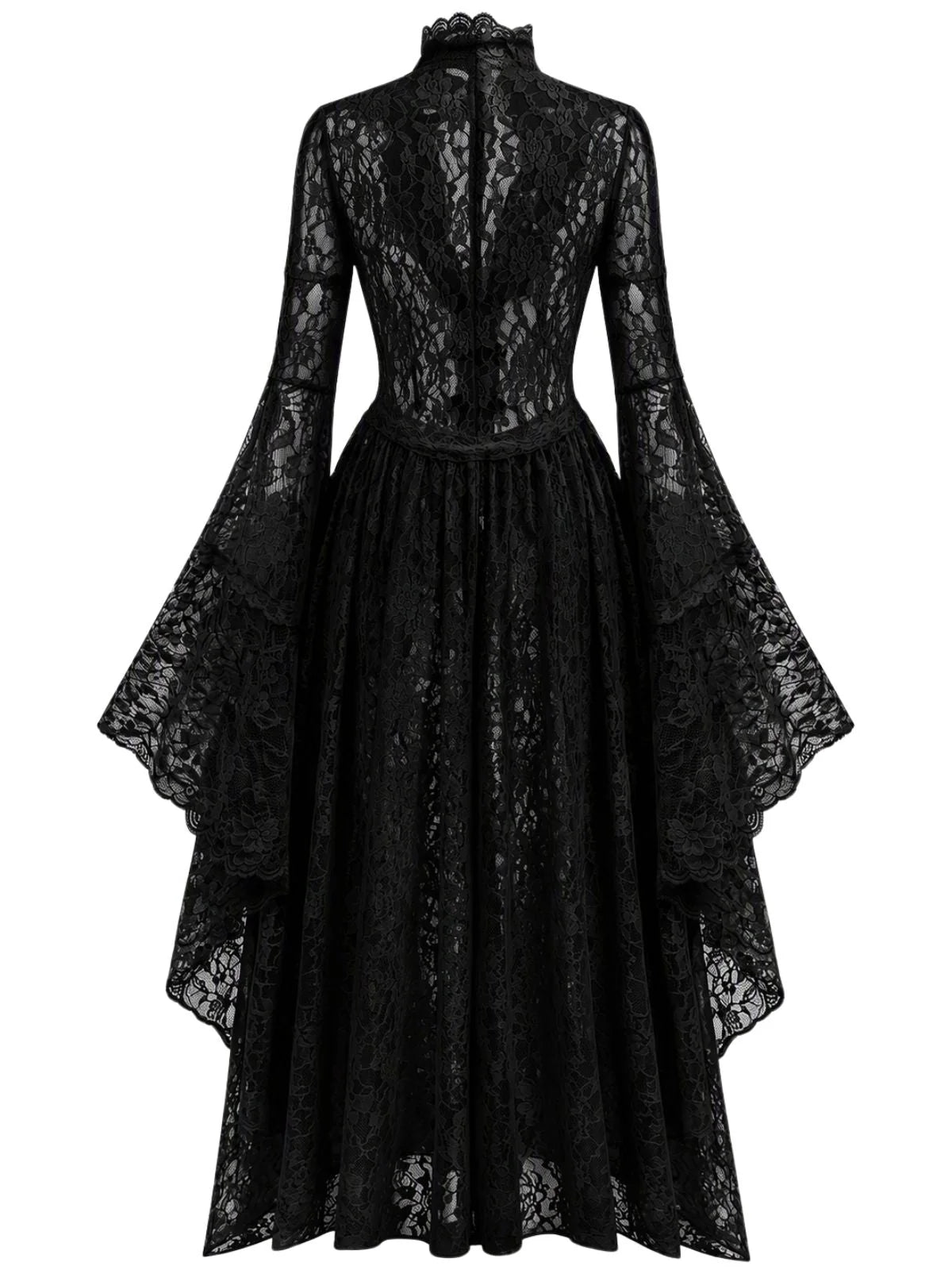 1940s Vintage Medieval High-Neck Lace Dress with Flared Sleeves