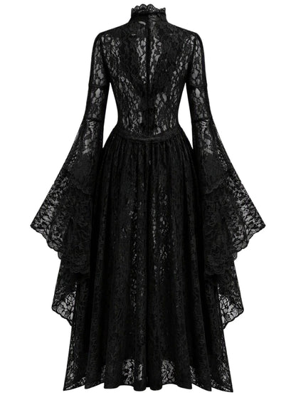 1940s Vintage Medieval High-Neck Lace Dress with Flared Sleeves