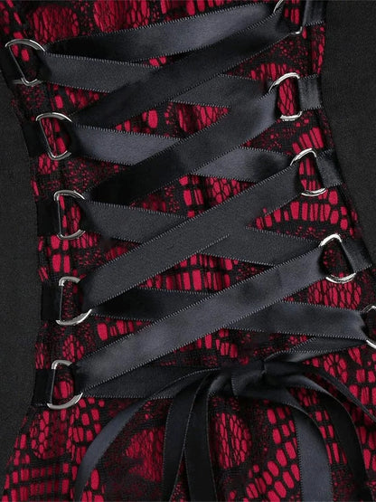 1940s Vintage Black and Burgundy Skull Print Lace Button-Up Dress