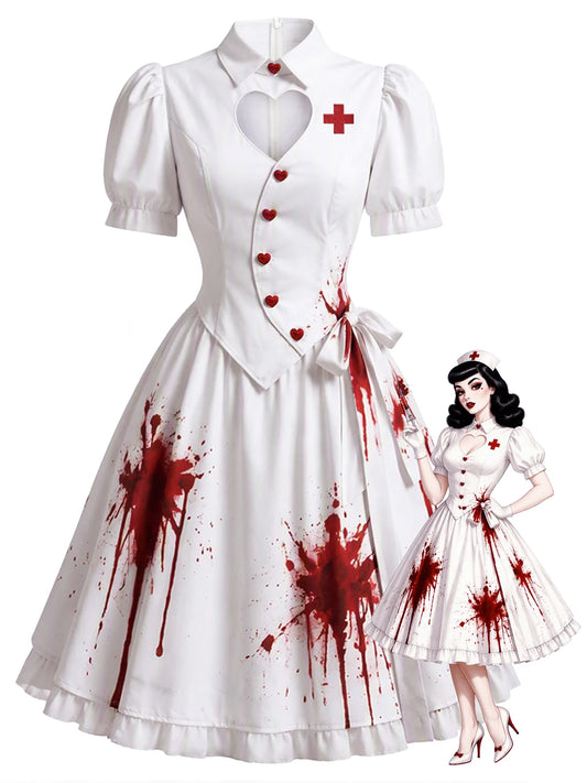 White 1950s Halloween Blood Print Nurse Cosplay Dress