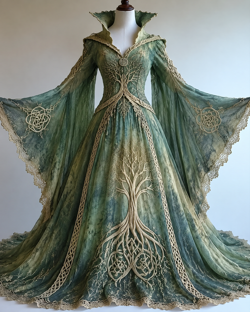 Vintage floral embroidery gradient irregular role-playing cape-style batwing sleeve three-dimensional dress 8535