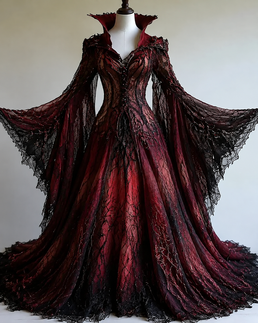 Women's Halloween-themed Spiderweb Embroidery Gradient Irregular Role-Playing Cape-Style Batwing Sleeve Stand Collar Dress  6439
