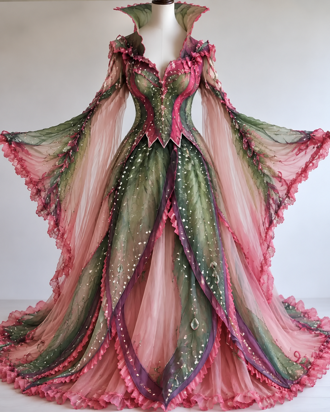 Women's Vintage Floral Embroidery Irregular Cape-Sleeve Stand Collar Dress8303