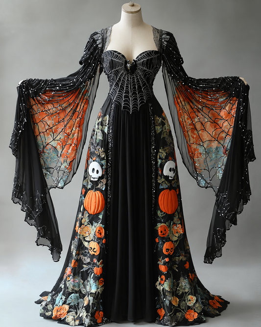 Women's Halloween Bat Wing Sleeve Contrast Cape Dress fefc