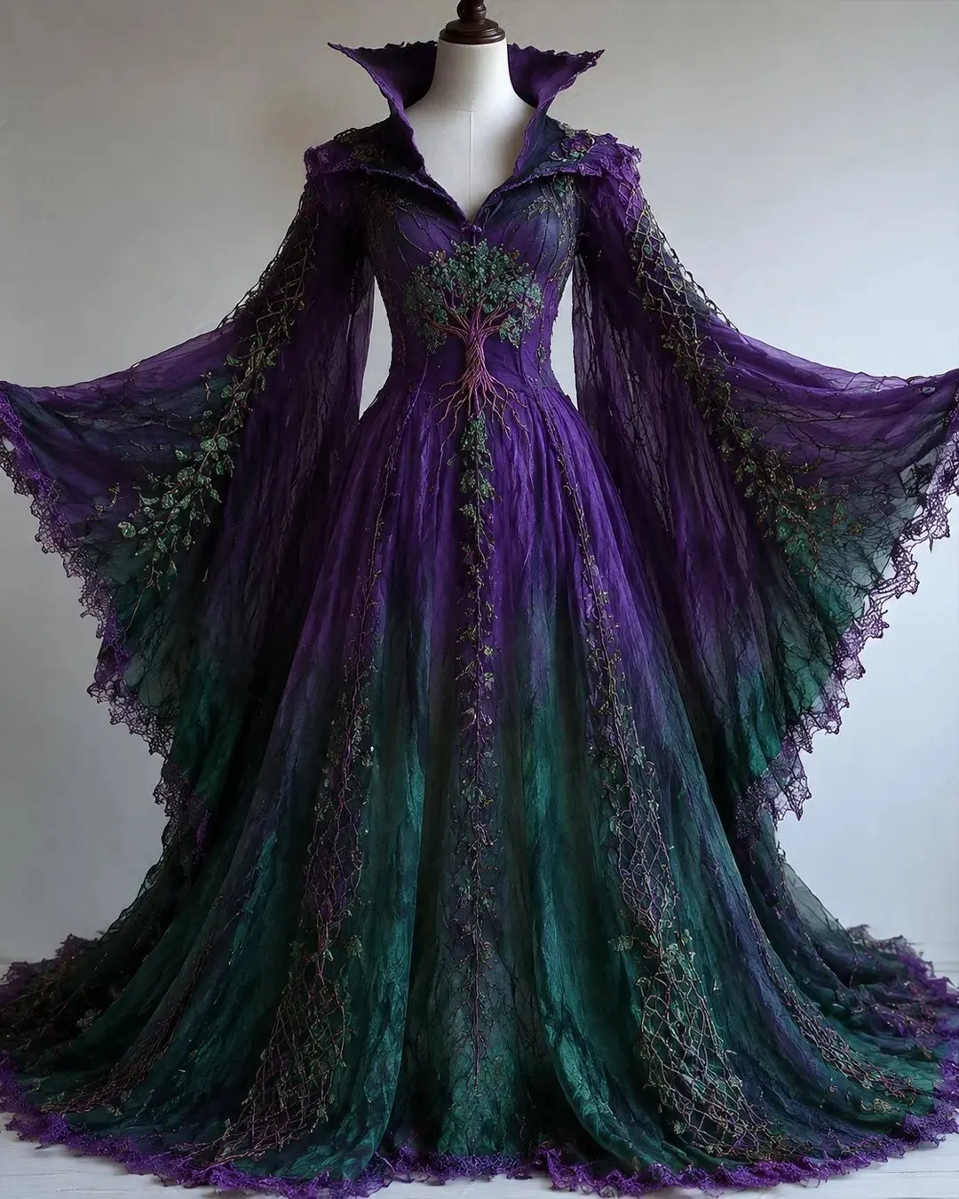 Vintage floral embroidery gradient irregular role-playing cape-style batwing sleeve three-dimensional dress 8987
