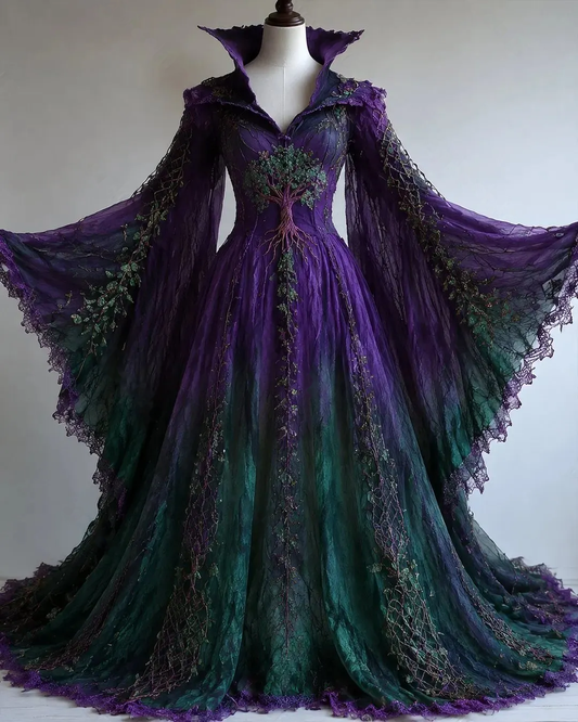 Vintage floral embroidery gradient irregular role-playing cape-style batwing sleeve three-dimensional dress 8987
