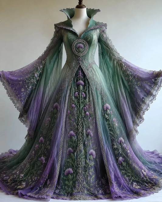 Vintage floral embroidery gradient irregular role-playing cape-style batwing sleeve three-dimensional dress 2322
