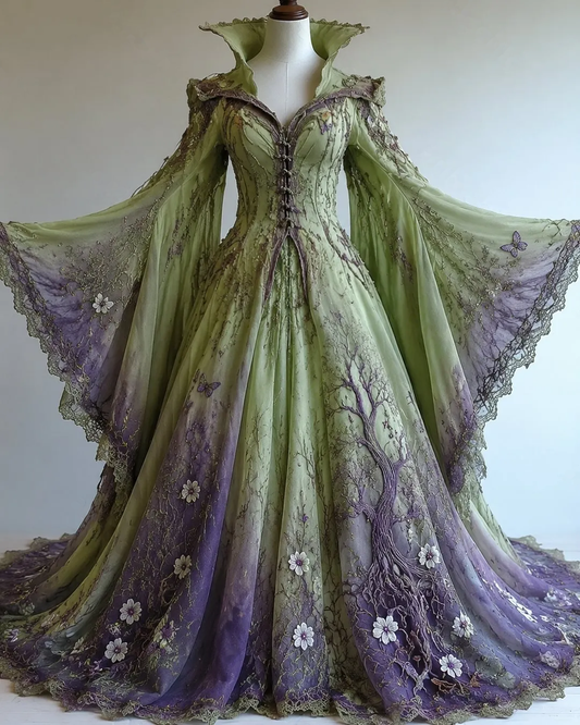 Vintage floral embroidery gradient irregular role-playing cape-style batwing sleeve three-dimensional dress 7589