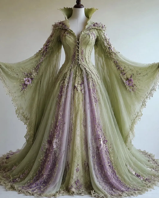 Vintage floral embroidery gradient irregular role-playing cape-style batwing sleeve three-dimensional dress 8793
