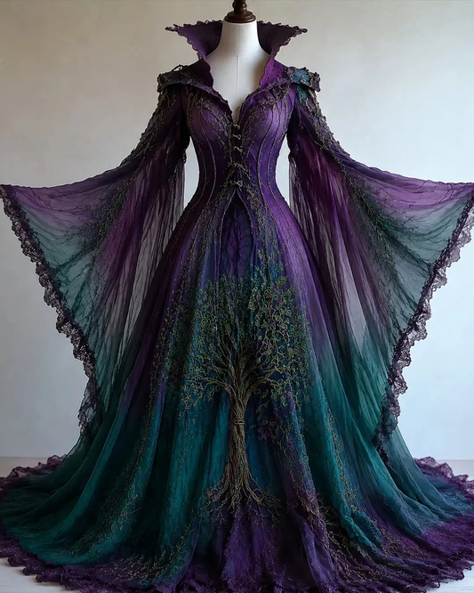 Women's Retro Tree of Life Embroidery Gradient Irregular Role-Playing Cape-Style Batwing Sleeve Stand Collar Dress9638