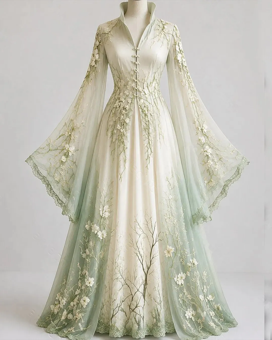 Women's vintage floral embroidered gradient irregular design cape-style batwing sleeve dress3780