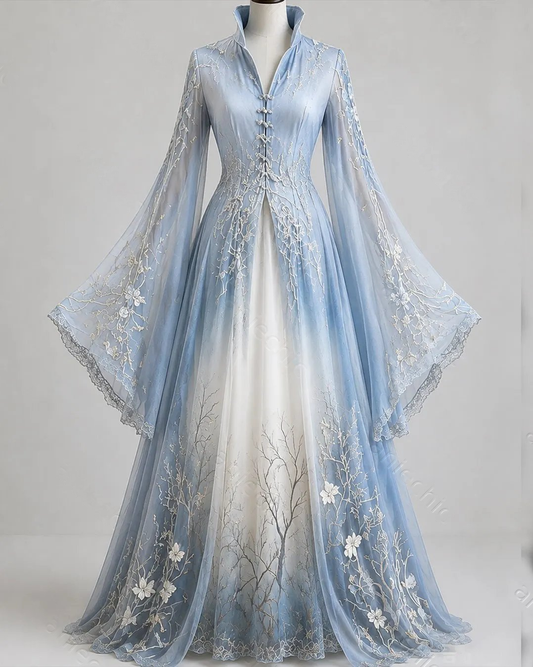 Women's vintage floral embroidered gradient irregular design cape-style batwing sleeve dress5969