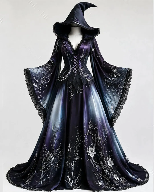 Women's vintage floral embroidered gradient irregular design cape-style batwing sleeve dress4101