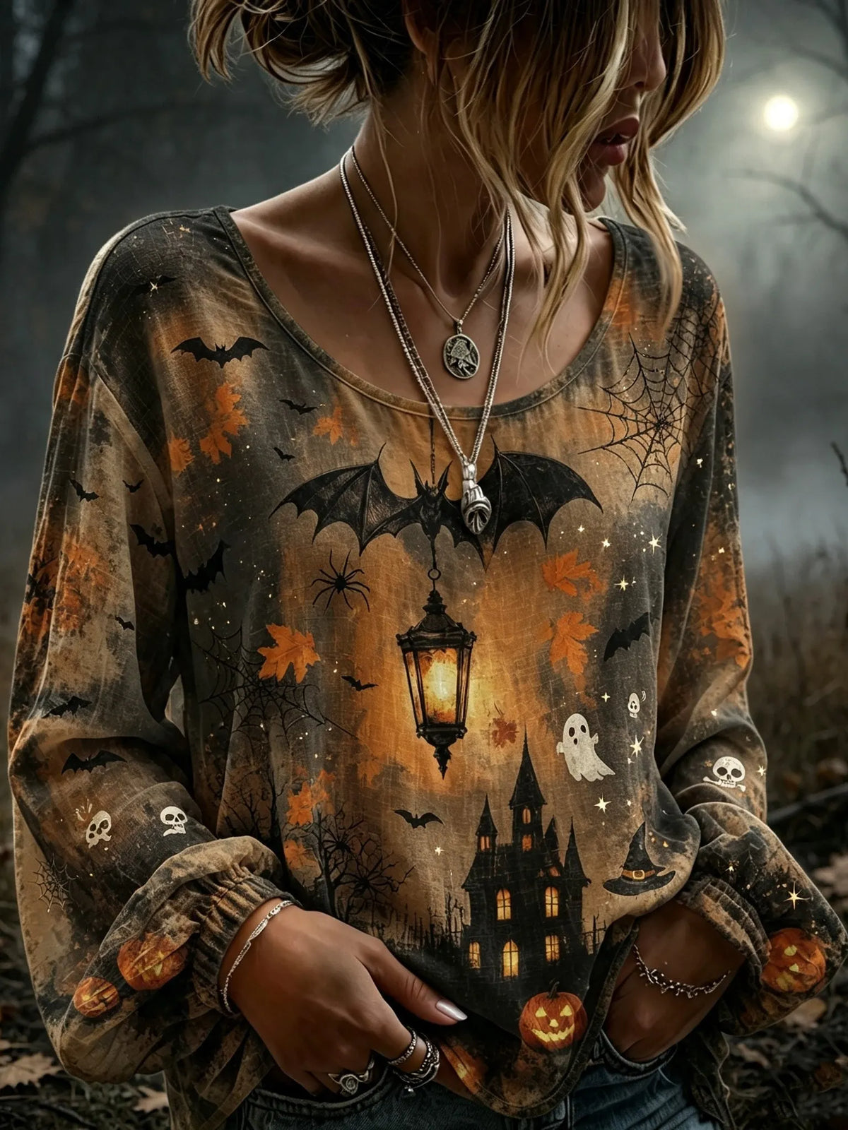 Women's Retro Halloween Pumpkin, Bat, And Ghost Elements Cotton Linen Top