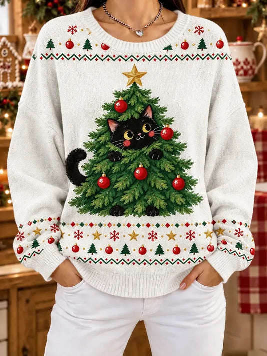 Women'S Cat Hiding In The Christmas Tree Christmas Ugly Sweatshirt