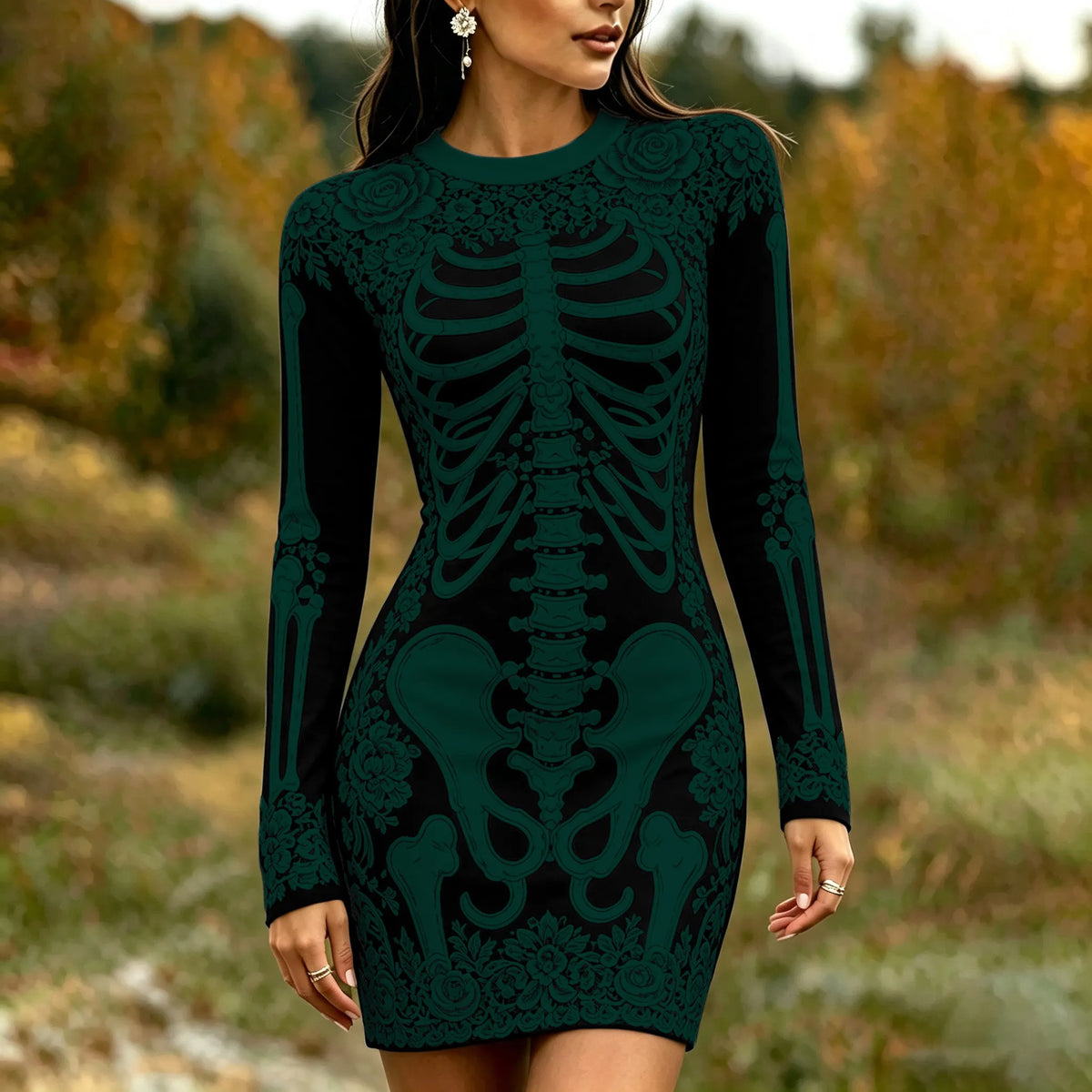 Women's Gothic Skeleton White Rose Art Print Bodycon Mini Dress