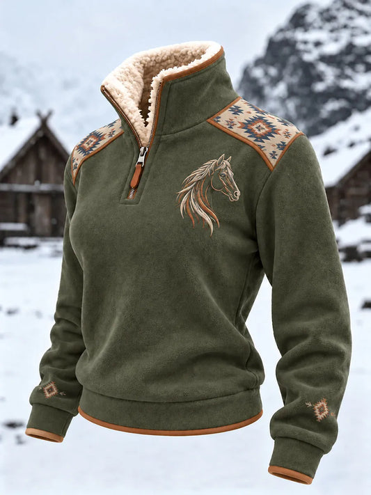 Women's Retro Western-style horse plush collar sweatshirt