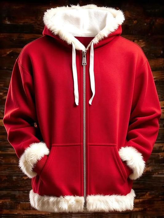 Men’s Christmas-Themed Plush Hooded Cardigan