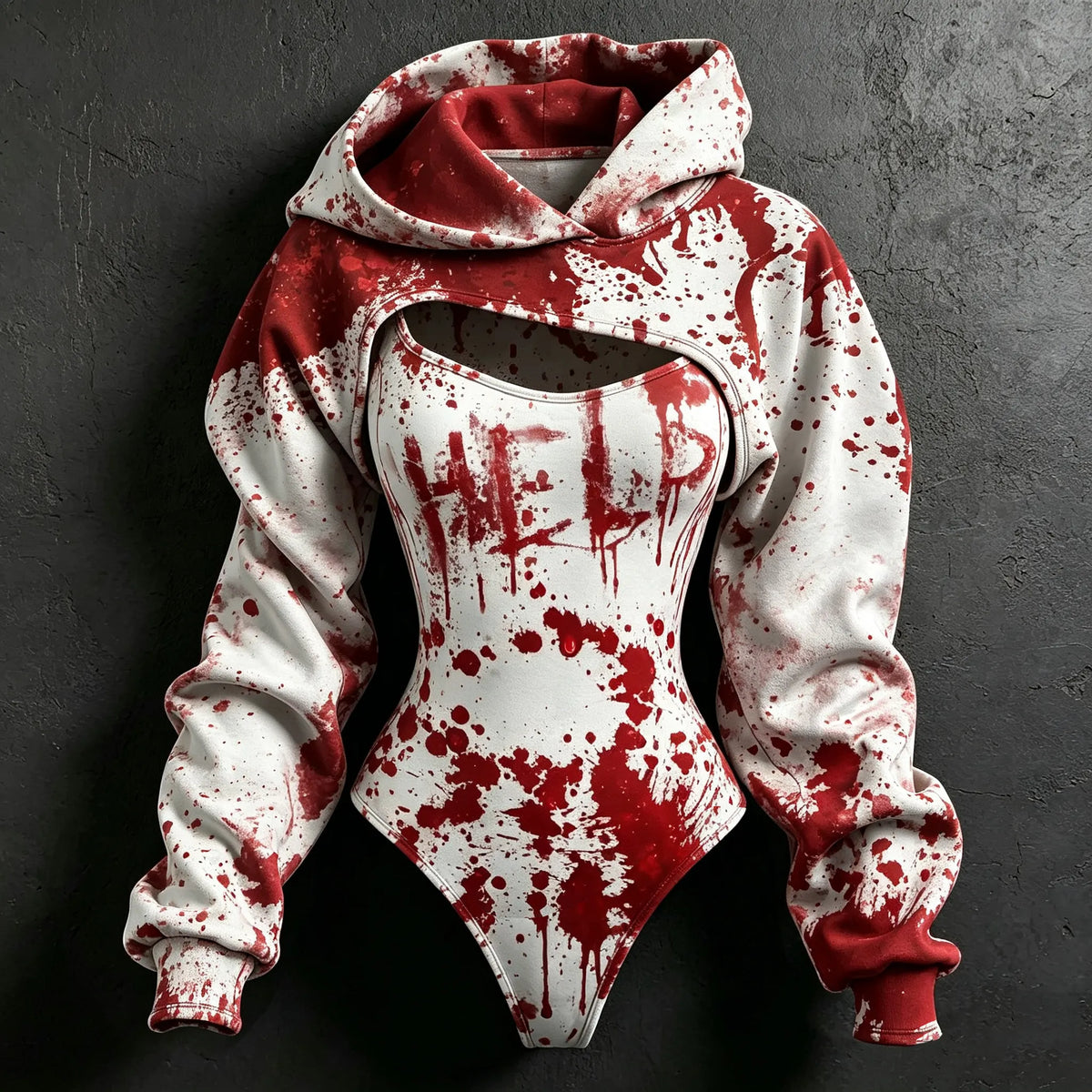 Women's Retro Halloween Bloodstain Hlep Print Hoodie Two-piece Set