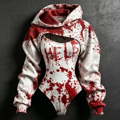 Women's Retro Halloween Bloodstain Hlep Print Hoodie Two-piece Set