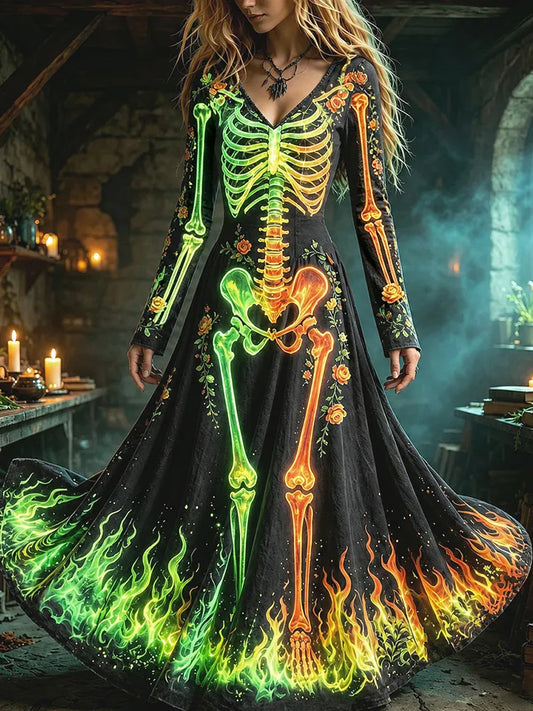 Women's Halloween Human Anatomy And Flame Art Glowing Print Bodycon Dress
