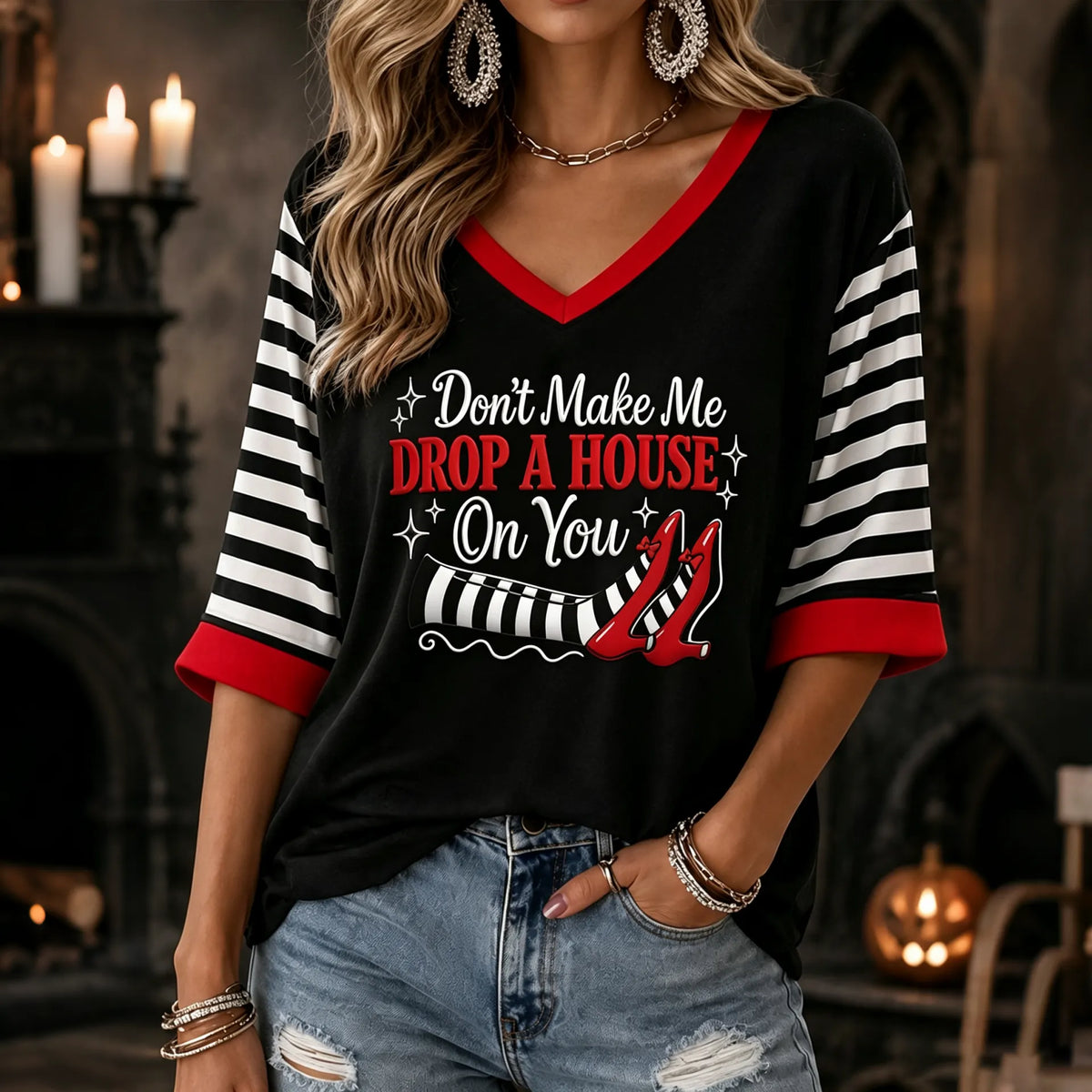 Women's Halloween Don't Make Me Drop A House On You Print Casual Half-sleeve V-neck T-shirt