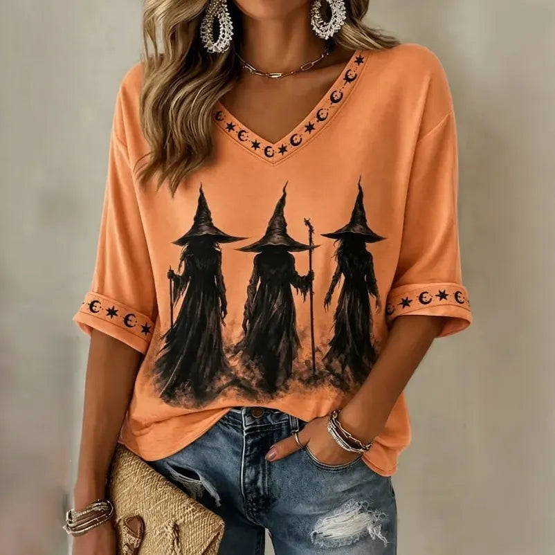 Women's Retro Halloween Magic Print Mid-sleeve T-shirt
