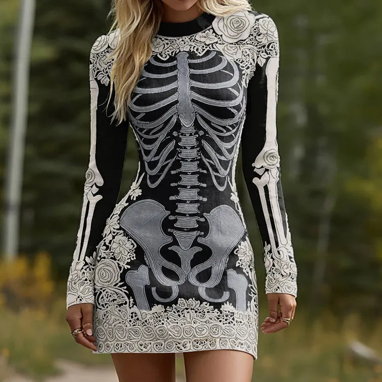 Women's Halloween Skeleton Bones Leather With Rose Pattern Art Hot Sexy Style Cozy Knit Mini Sweater Dress