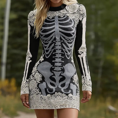Women's Halloween Skeleton Bones Leather With Rose Pattern Art Hot Sexy Style Cozy Knit Mini Sweater Dress