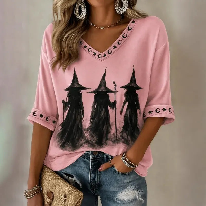 Women's Retro Halloween Magic Print Mid-sleeve T-shirt
