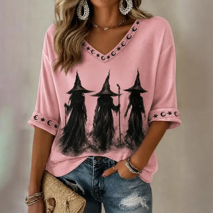 Women's Retro Halloween Magic Print Mid-sleeve T-shirt