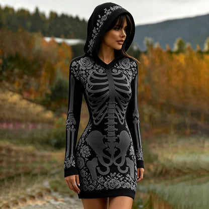 Women's Vintage Halloween Skeleton Bones With Rose Art Cozy Knit Hooded Sweater Dress
