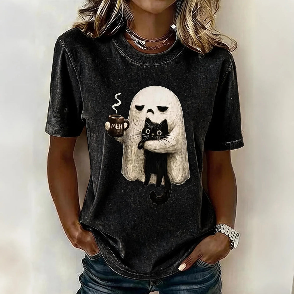 Women's Retro Halloween Ghost And Cat Pattern Crew Neck T-shirt