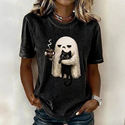 Women's Retro Halloween Ghost And Cat Pattern Crew Neck T-shirt