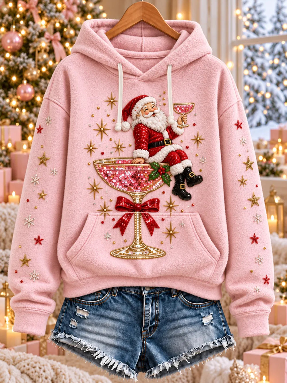 Women'S Christmas Themed Printed Flannel Hoodie