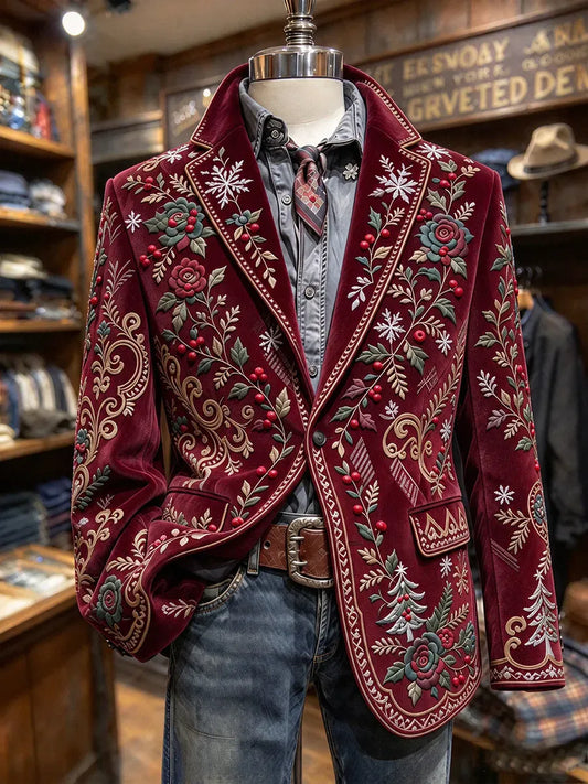 Men's Vintage Christmas Floral Vine Snowflake Print Long Sleeve Corduroy Blazer